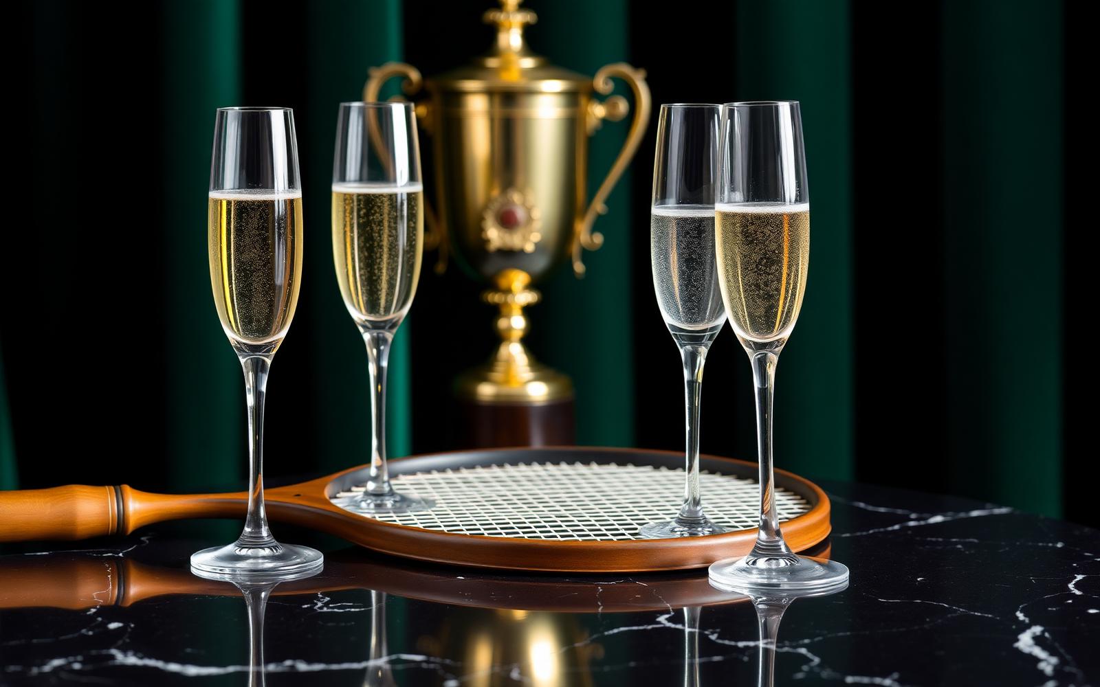 Champagne beside a wooden racket